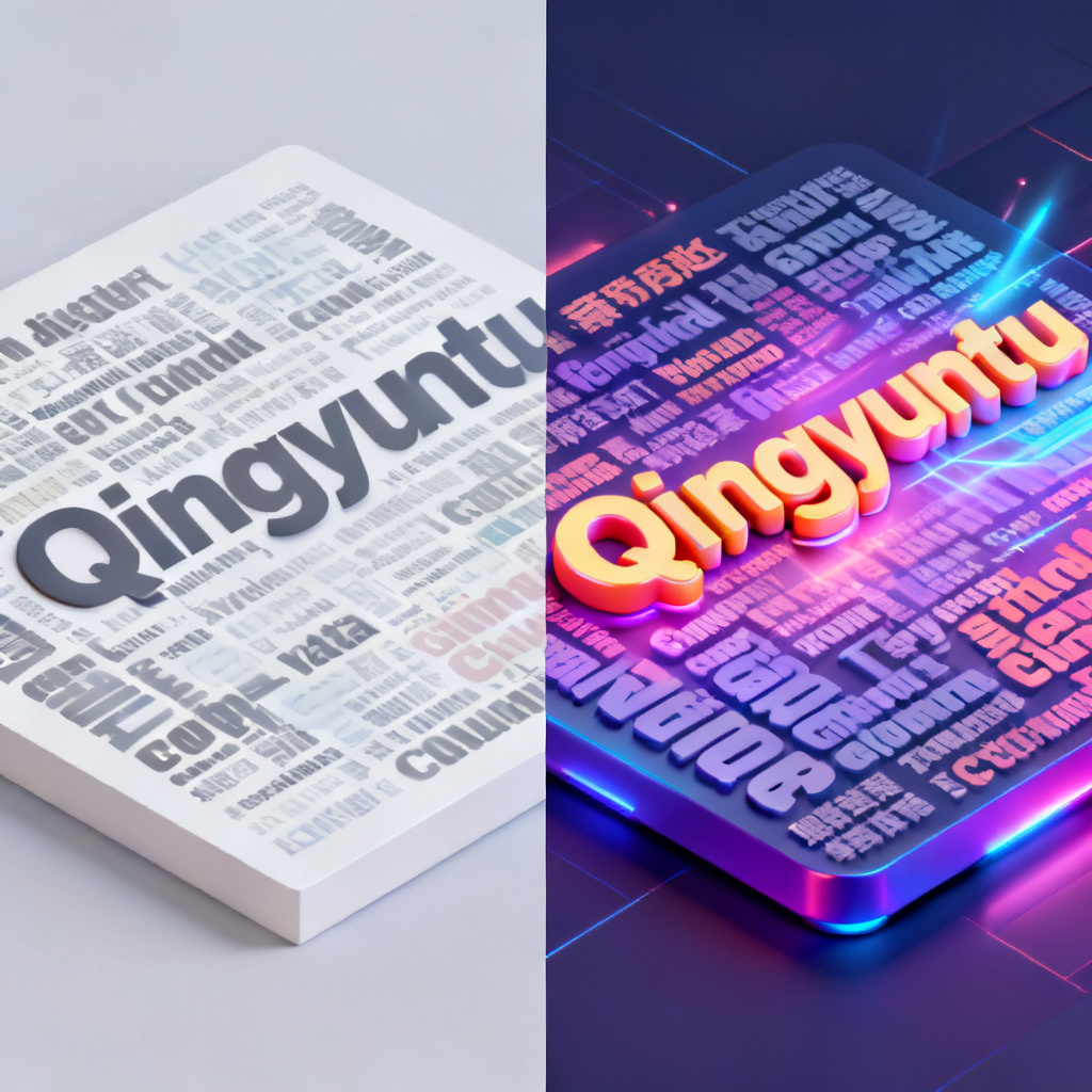 A side-by-side comparison of a traditional flat word cloud (left) with dull colors and overlapping text, versus a vibrant 3D word cloud generated by Qingyuntu (right) with smooth layout and dynamic lighting.