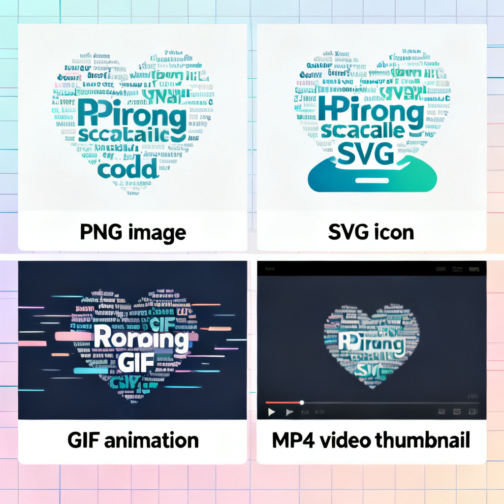 A collage of output formats: PNG image, SVG icon, GIF animation, and MP4 video thumbnail, all derived from the same word cloud design.