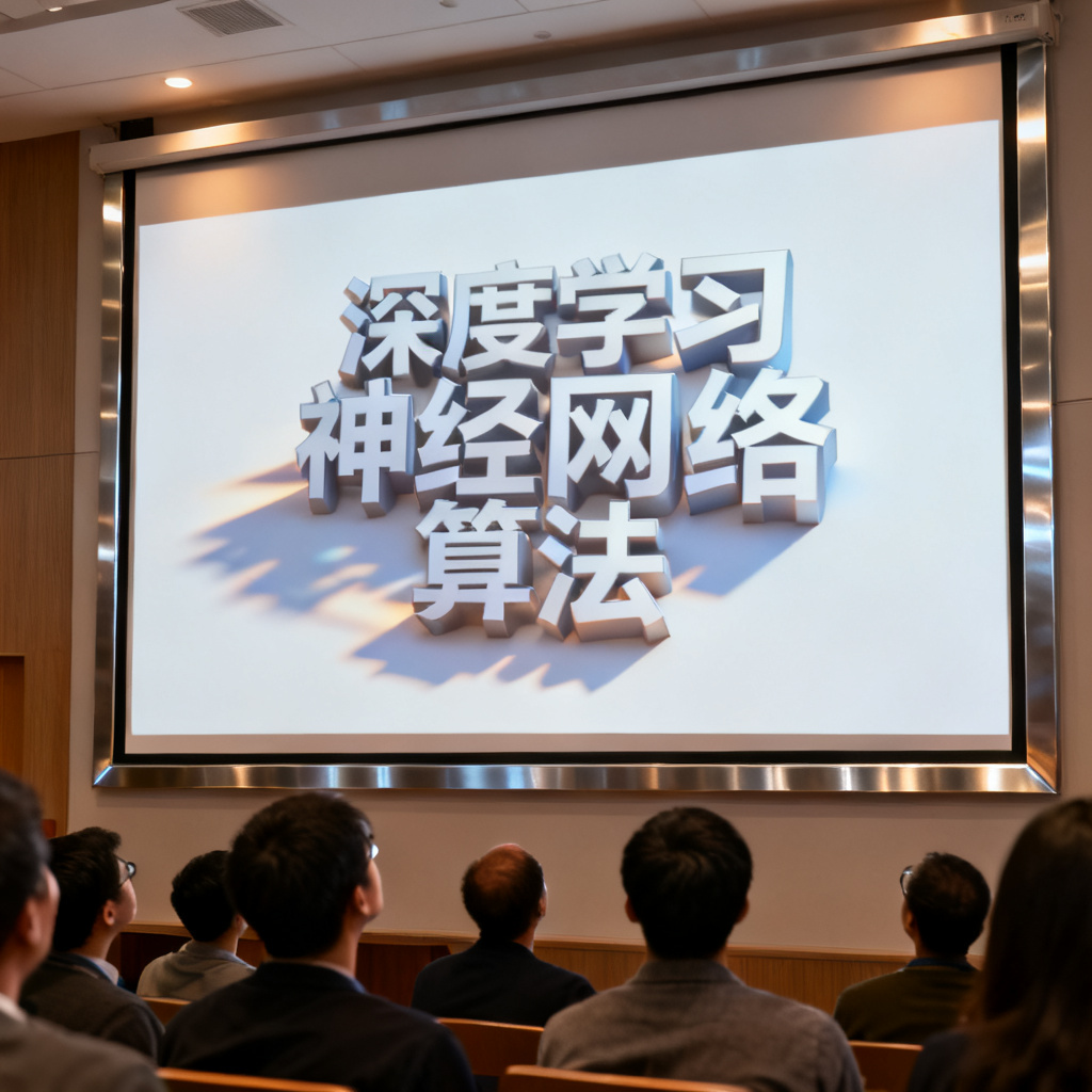 一个学术报告厅场景，投影幕布上显示一个3D文字云，关键词如“深度学习”、“神经网络”、“算法”以立体形式排列，听众正在注视