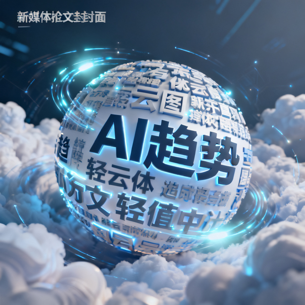 展示新媒体推文封面图，使用轻云图生成的动态3D文字云，主题为“AI趋势”，文字云旋转发光