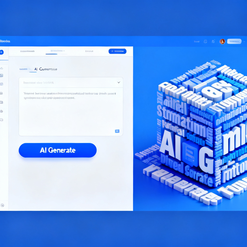 A professional-looking interface of a text cloud generation tool, showing a clean dashboard with a text input area on the left, and a vibrant 3D word cloud rendering on the right. The UI is modern, with blue and white color scheme, and a prominent "AI Generate" button.