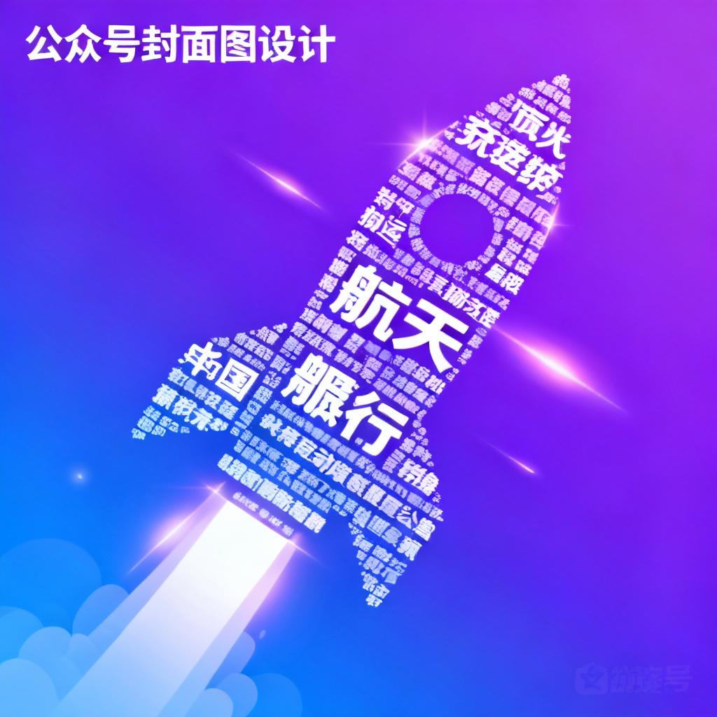 一张公众号封面图，文字云形状为火箭升空，关键词以不同大小排列，背景是紫色到蓝色的渐变，带有轻微发光效果