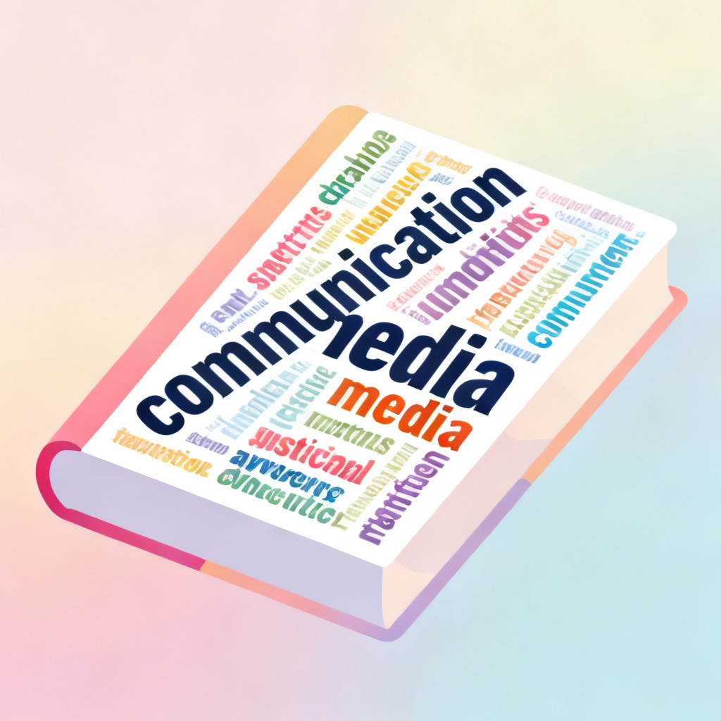 A colorful 2D word cloud shaped like a book, with keywords like "communication" and "media" prominently displayed, soft gradient background