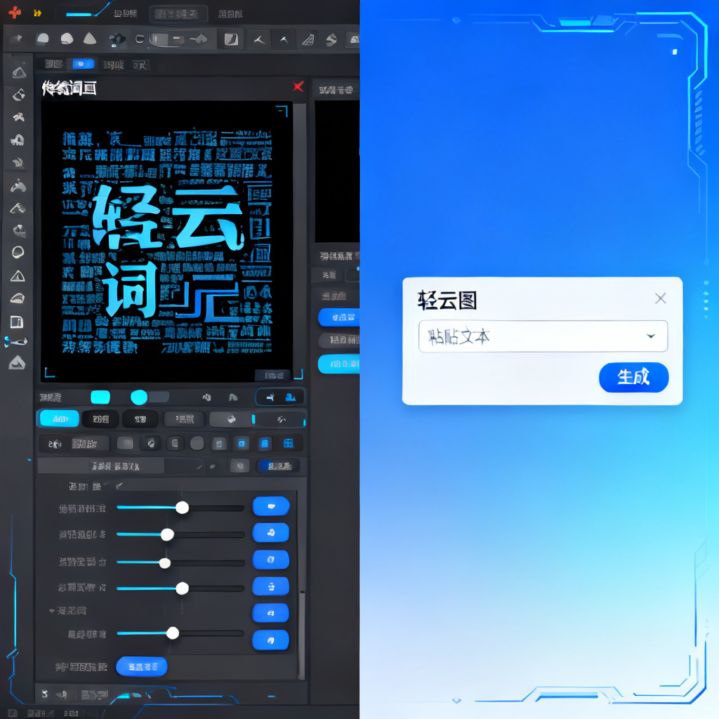 对比图:左侧是传统词云工具的复杂操作界面,布满按钮和参数滑块;右侧是轻云图的简洁界面,仅有一个“粘贴文本”输入框和一个“生成”按钮,背景为渐变科技蓝