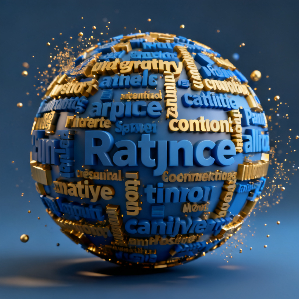3D word cloud with depth and shadow effects, keywords floating in a sphere, dynamic particle animation, blue and gold color scheme, modern UI