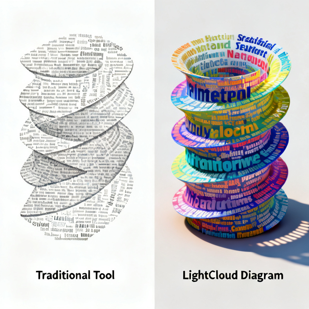 A side-by-side comparison image. On the left, a flat, monochrome word cloud with overlapping text and limited shape. On the right, a vibrant 3D word cloud with keywords arranged in a spiral pattern, with depth and shadows. The left image is labeled "Traditional Tool" and the right "LightCloud Diagram". The style is clean and educational, suitable for a comparison infographic.