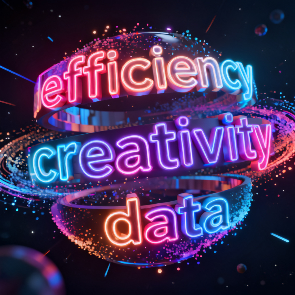 A dynamic 3D word cloud with animated particles, rotating in space, with words like 'efficiency', 'creativity', 'data' glowing in neon colors.
