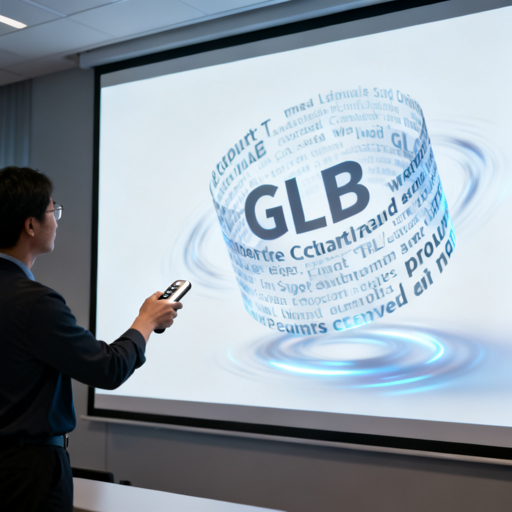 场景图：PPT演示中嵌入GLB格式3D文字云模型，演讲者手持遥控器指向屏幕，文字云在屏幕上立体旋转。