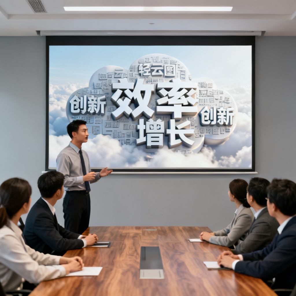 职场白领在会议室展示PPT,大屏幕上显示轻云图生成的3D文字云模型,核心词汇“效率”、“创新”、“增长”立体突出,观众专注观看,场景明亮专业
