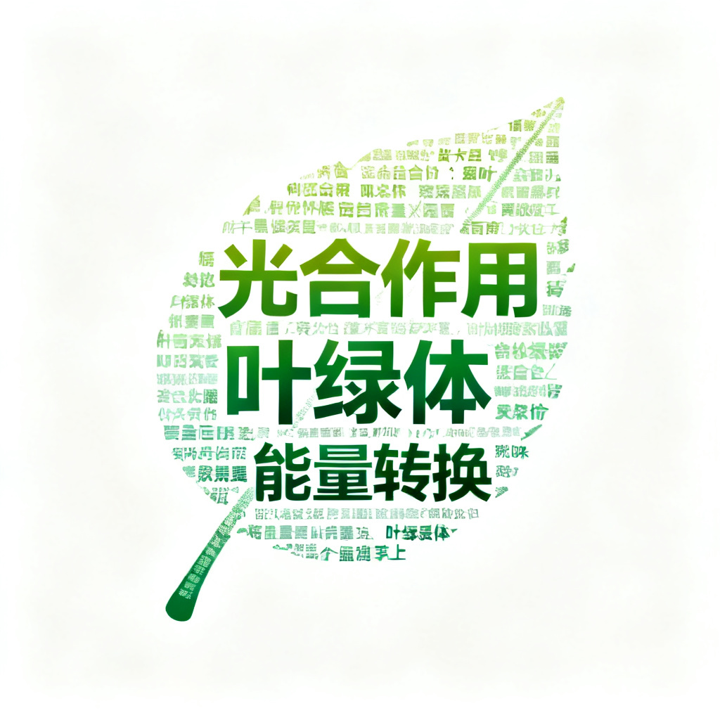 2D文字云，形状为树叶轮廓，关键词“光合作用”“叶绿体”“能量转换”，绿色渐变，背景白色，字体清晰