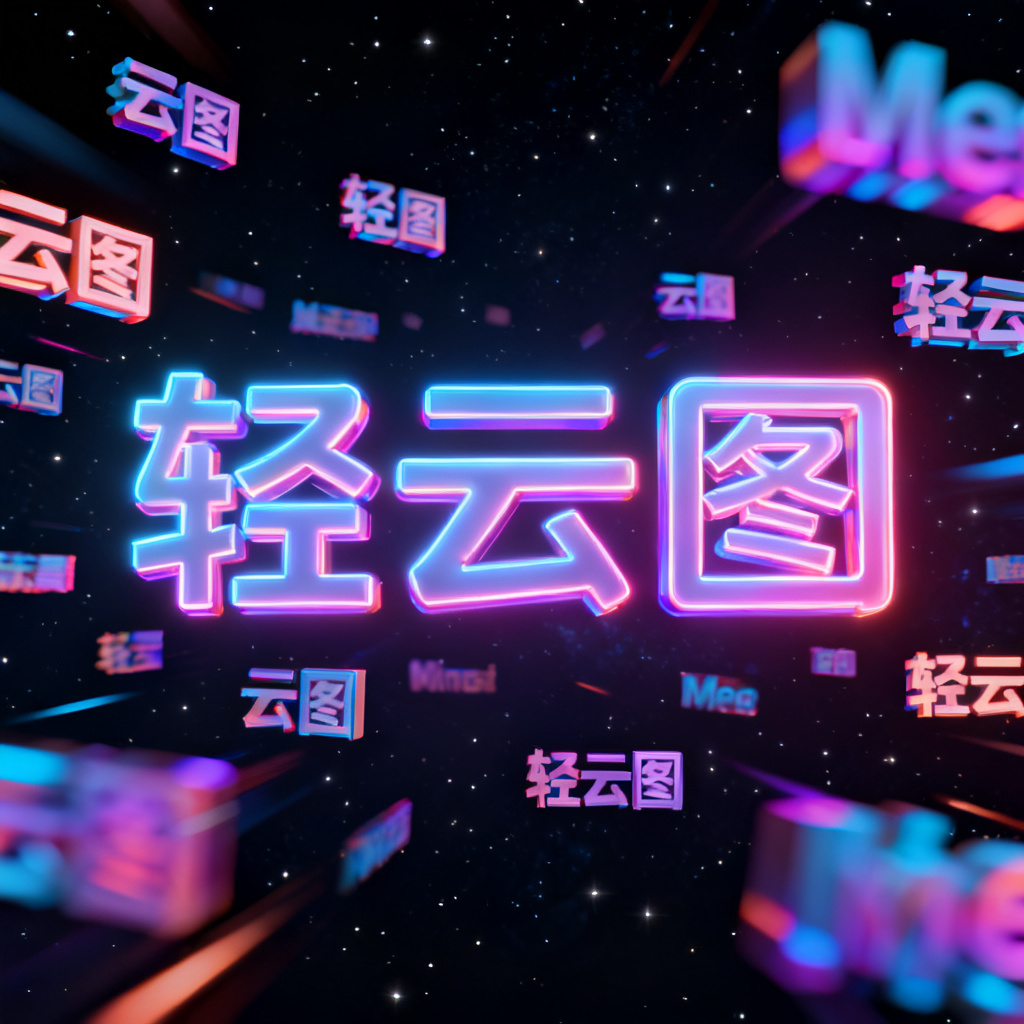 A 3D word cloud with dynamic animations, floating in a dark space, with vibrant colors and glowing text, representing '轻云图' brand