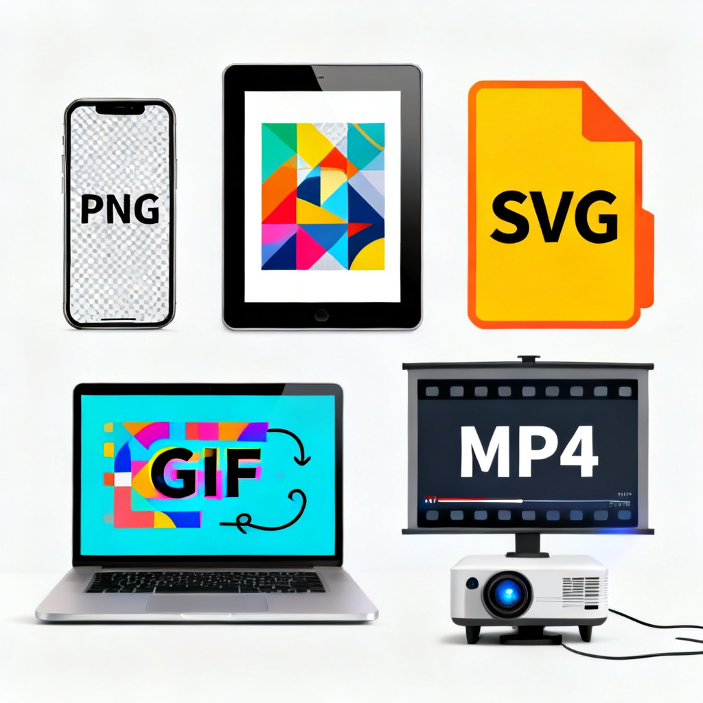 A montage of output formats: PNG, SVG, GIF, MP4, with each format shown on a different device (phone, tablet, laptop, projector)