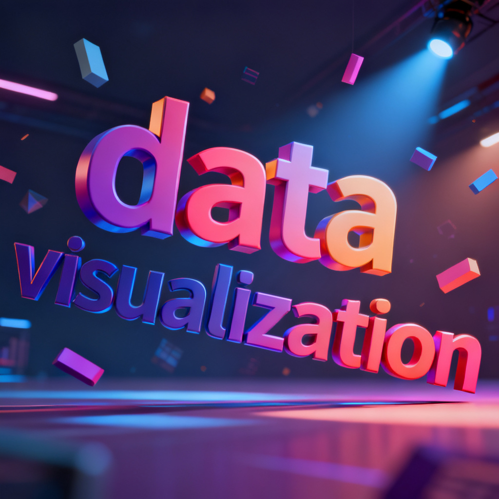 A 3D word cloud rotating in space with vibrant colors and dynamic lighting, words like 'data' and 'visualization' floating, cinematic render.