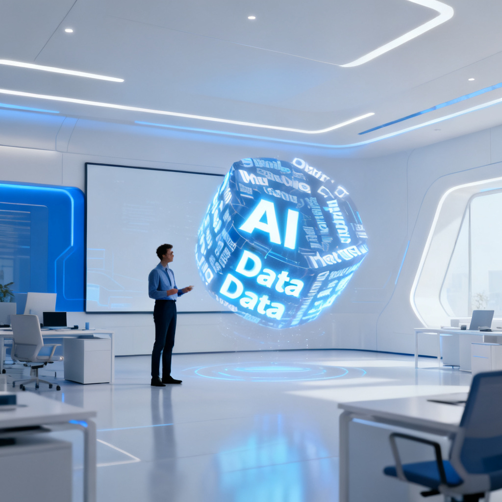 A futuristic office in 2029, a presenter stands in front of a holographic display, a 3D word cloud with glowing keywords 'AI' and 'Data' rotates in mid-air, minimalist white and blue design, high resolution, professional atmosphere