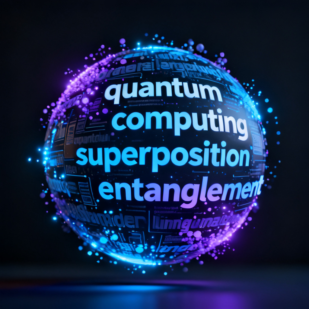 A futuristic 3D word cloud generated by AI tool, with words like "quantum computing," "superposition," "entanglement" arranged in a spherical layout. The model rotates slowly with glowing blue and purple particles, displayed on a dark background.