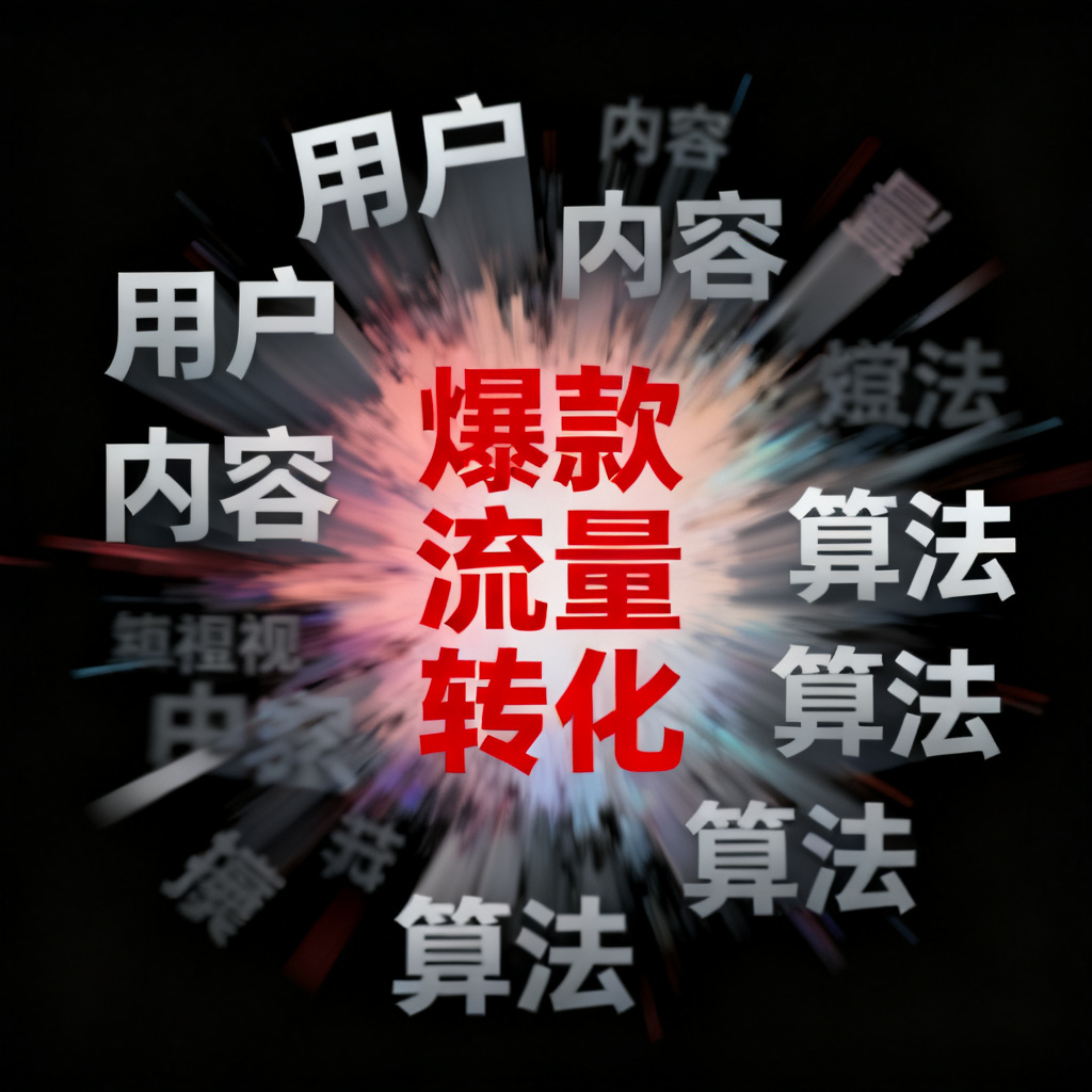 一个动态GIF文字云，文字从中心向外扩散，核心词“爆款”“流量”“转化”以红色突出，周围“用户”“内容”“算法”等词以灰色渐变向外移动，背景为黑色，适合短视频平台宣传