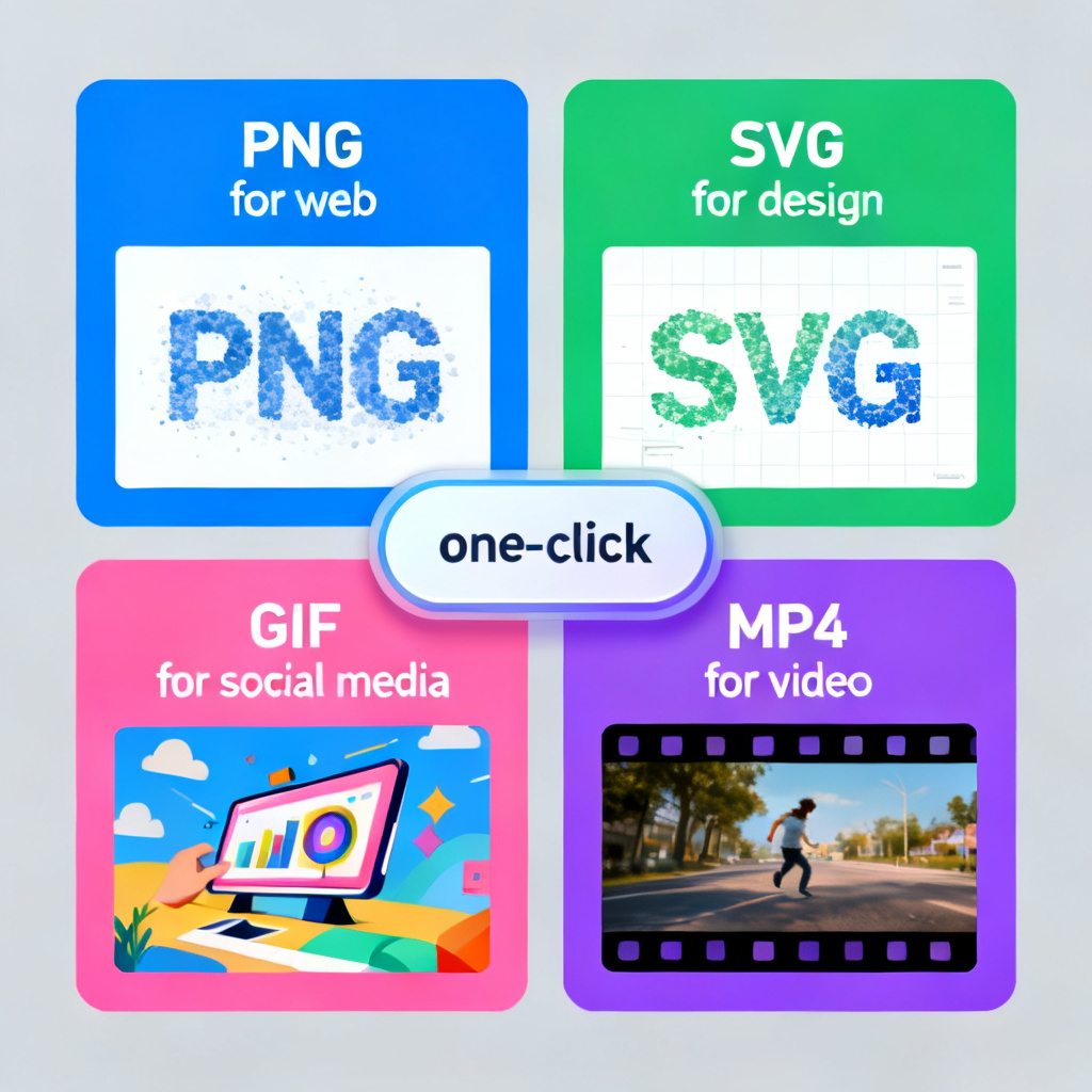 A montage showing different output formats from a single word cloud: PNG for web, SVG for design, GIF for social media, and MP4 for video, with a central "one-click" button