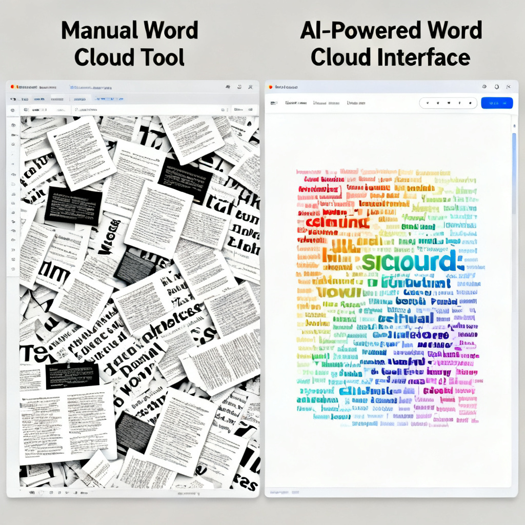 A split-screen comparison showing a messy, manual word cloud tool on the left (with scattered text and confusing interface) and a clean, AI-powered word cloud interface on the right (with vibrant colors and organized keywords), representing the efficiency leap.