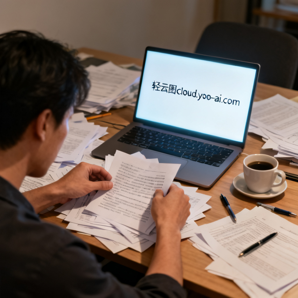 A professional infographic showing a frustrated user manually sorting text on a cluttered desk, with a subtle glow from a laptop screen displaying '轻云图 cloud.yoo-ai.com'