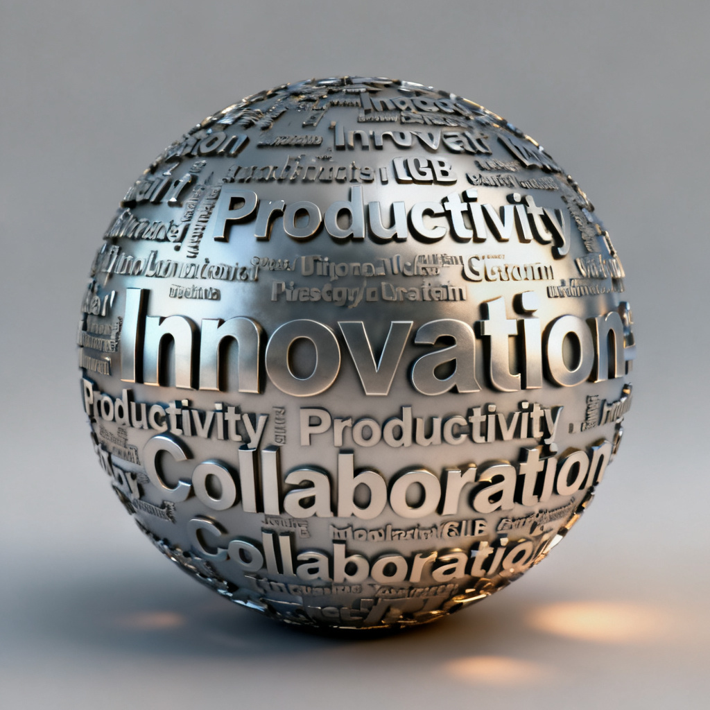 A 3D word cloud model in GLB format, with keywords like "Innovation", "Productivity", "Collaboration" arranged in a sphere shape, with metallic texture and soft lighting effects