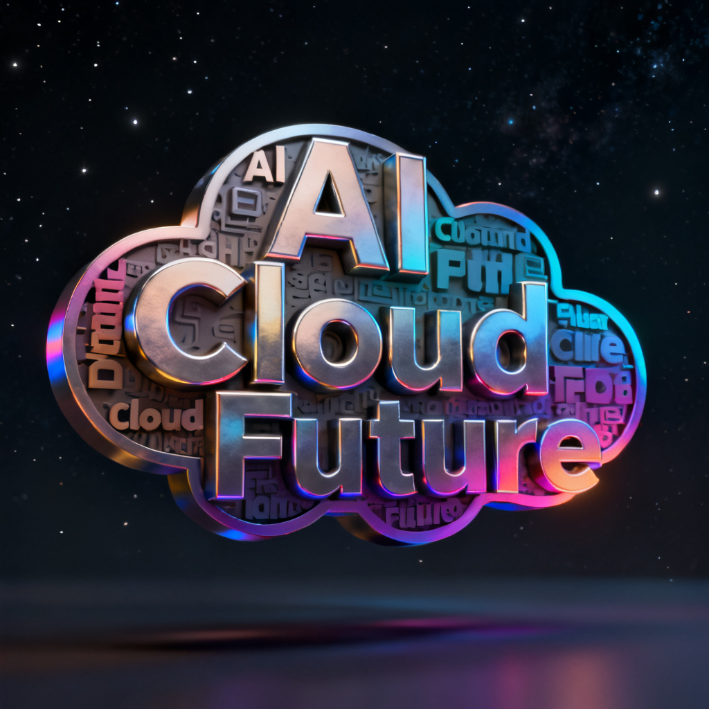 A stunning 3D text cloud floating in a dark space, with colorful words like "AI", "Cloud", "Future" popping out in different sizes and depths, rotating slowly with a metallic texture and soft glow effect.