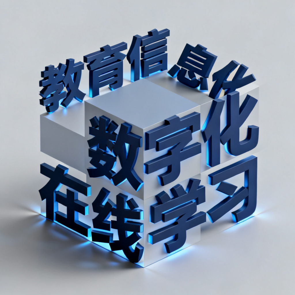 3D立方体形状的文字云，关键词包括“教育信息化”“数字化”“在线学习”，以静态模型展示，支持旋转视角，背景为浅灰色，字体为深蓝色，边缘带有光影效果