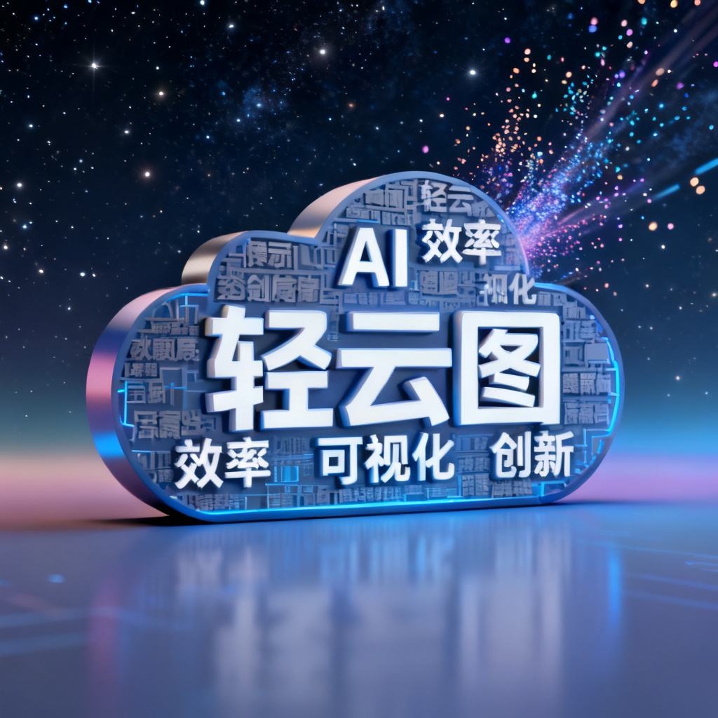 轻云图品牌Logo以3D文字云形式呈现，文字由“AI”“效率”“可视化”“创新”等关键词组成，背景为星空渐变，带有动画粒子特效，整体风格科技感十足