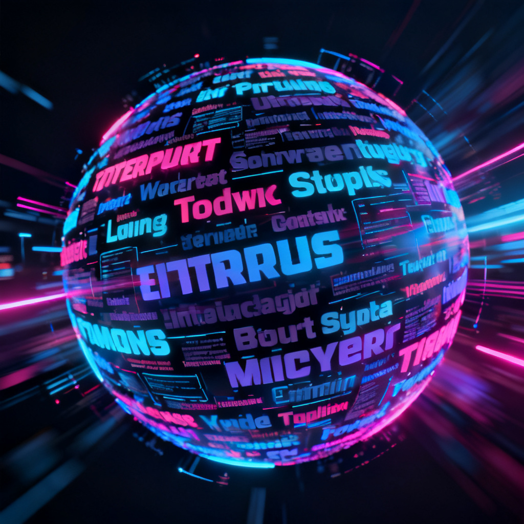 A word cloud transitioning from a flat 2D layout to a dynamic 3D sphere, with text elements growing and shrinking, motion blur effect, futuristic interface style