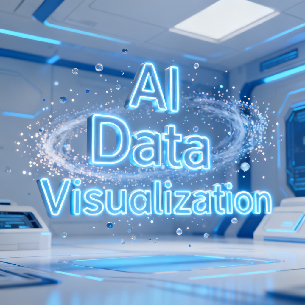 A 3D word cloud with glowing keywords like "AI", "Data", "Visualization" floating in a futuristic blue-and-white environment, with particles swirling around, high resolution