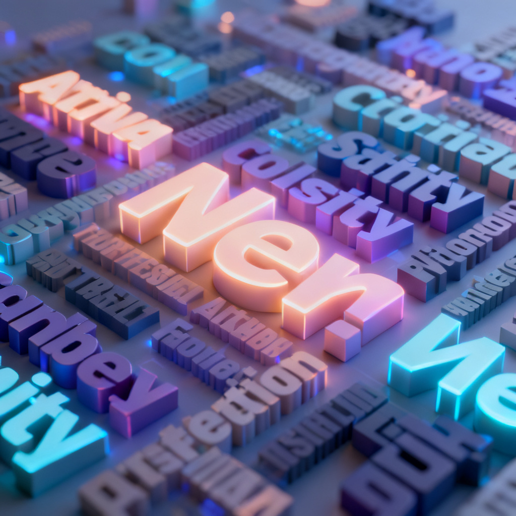 3D word cloud with glowing text effects, AI-driven, professional, vibrant colors, high resolution –ar 16:9