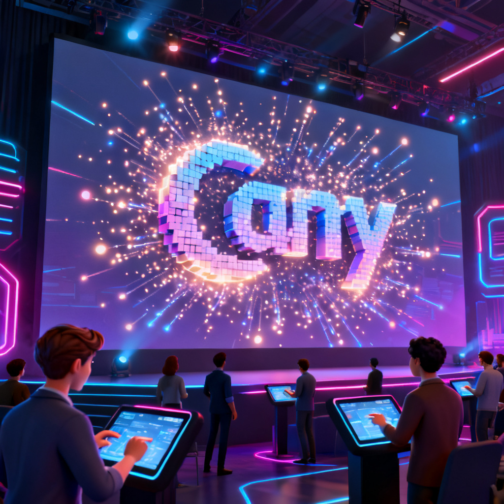A 3D word cloud shaped like a company logo, with glowing particles bursting outwards, displayed on a large conference screen, audience members interacting with it via touchscreens, futuristic tech event atmosphere