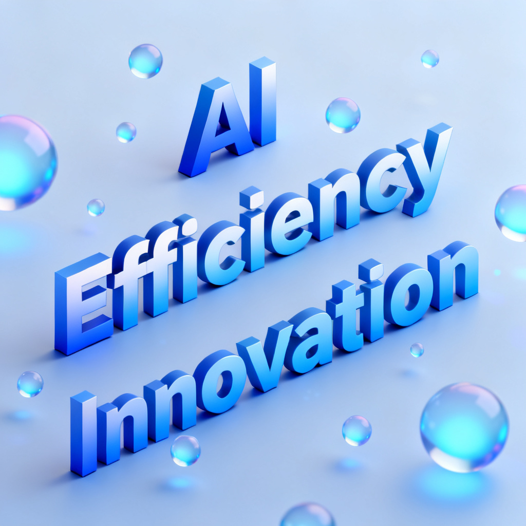 A 3D word cloud displaying "AI", "Efficiency", and "Innovation" in blue gradient with floating particles, viewed from an isometric angle.