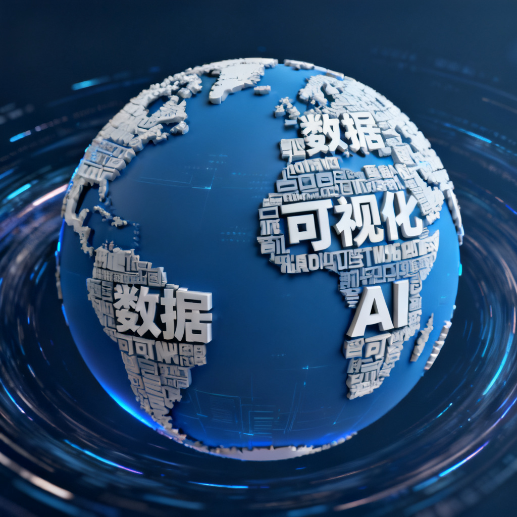 一个3D文字云模型，形状为地球，关键词包括‘数据’、‘可视化’、‘AI’，背景深蓝，带有旋转动画特效