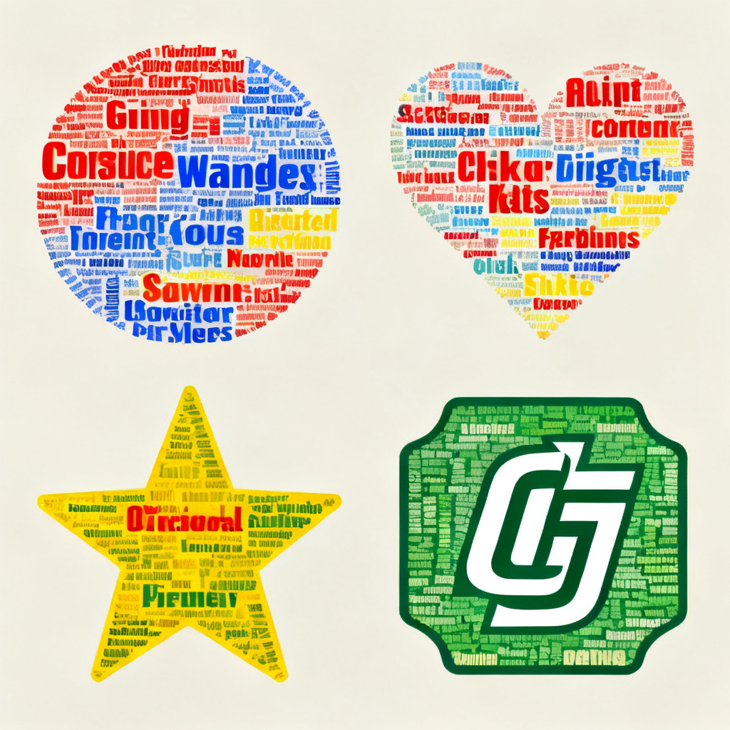 Side-by-side comparison of word clouds in different shapes: circle, heart, star, and a custom logo shape, all with vibrant colors