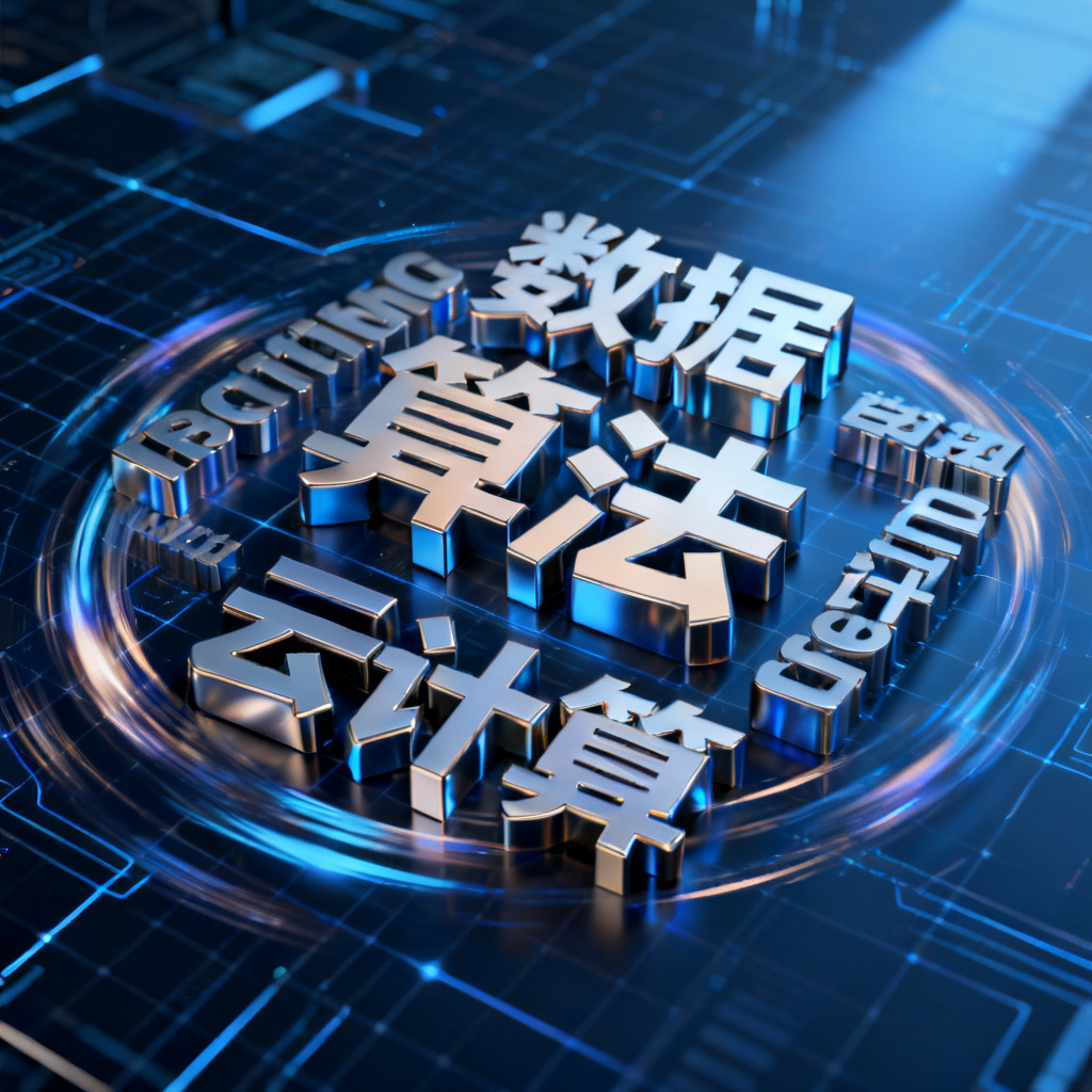 轻云图AI语义分析引擎自动提取核心关键词并生成3D文字云，关键词如“数据”、“算法”、“云计算”以立体结构排列，带有金属光泽和动态旋转效果，背景为深蓝色科技感网格，光影层次丰富。
