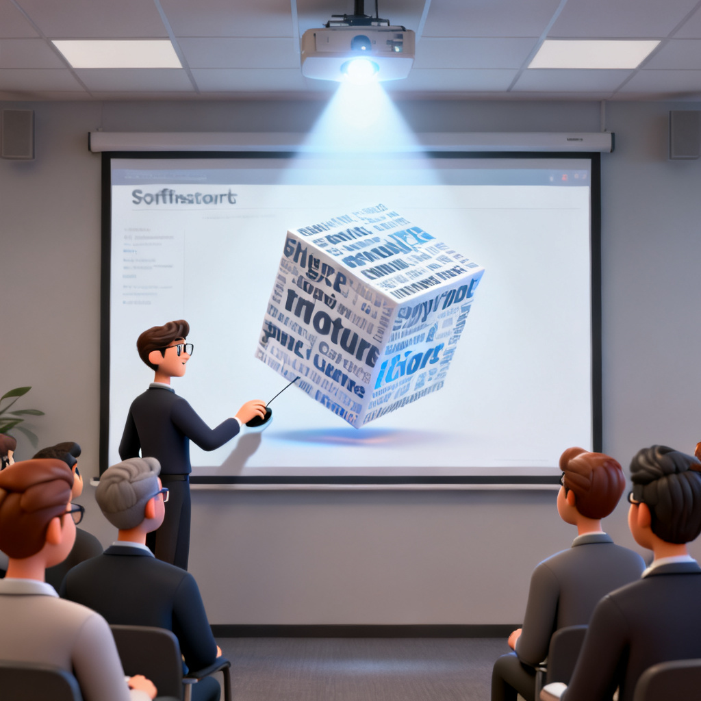 A person presenting a PowerPoint slide on a projector screen, with a 3D word cloud embedded in the slide being rotated by the presenter via mouse interaction, audience members looking engaged.