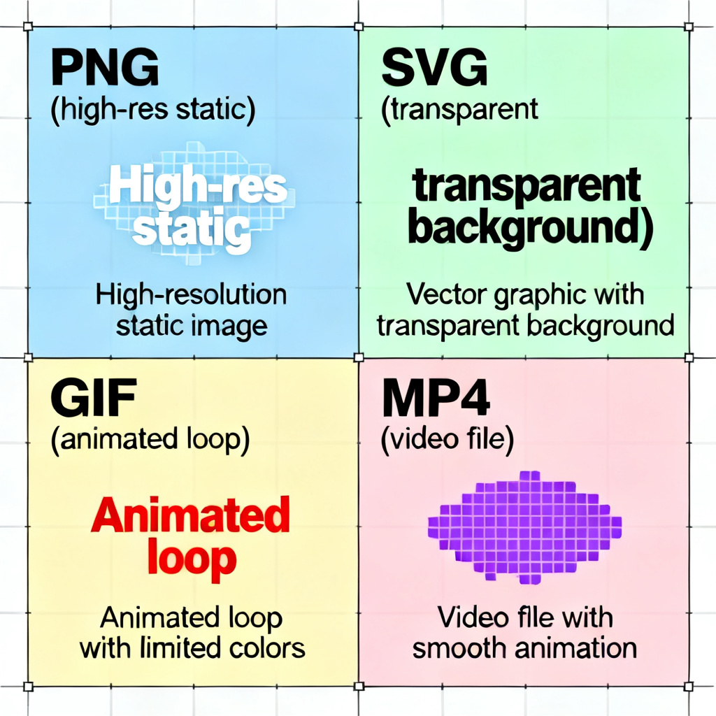 A comparison grid showing four output formats: PNG (high-res static), SVG (transparent background), GIF (animated loop), MP4 (video file), with labels and sample word clouds