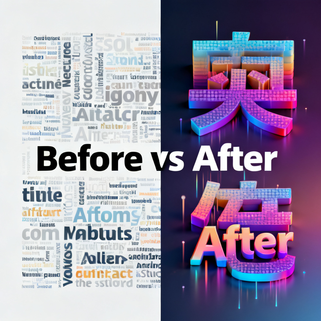 A comparison scene: left side shows a traditional 2D word cloud with dull colors and rigid layout, right side shows a vibrant 3D word cloud with animation effects and gradient colors, with the text "Before vs After" in the center