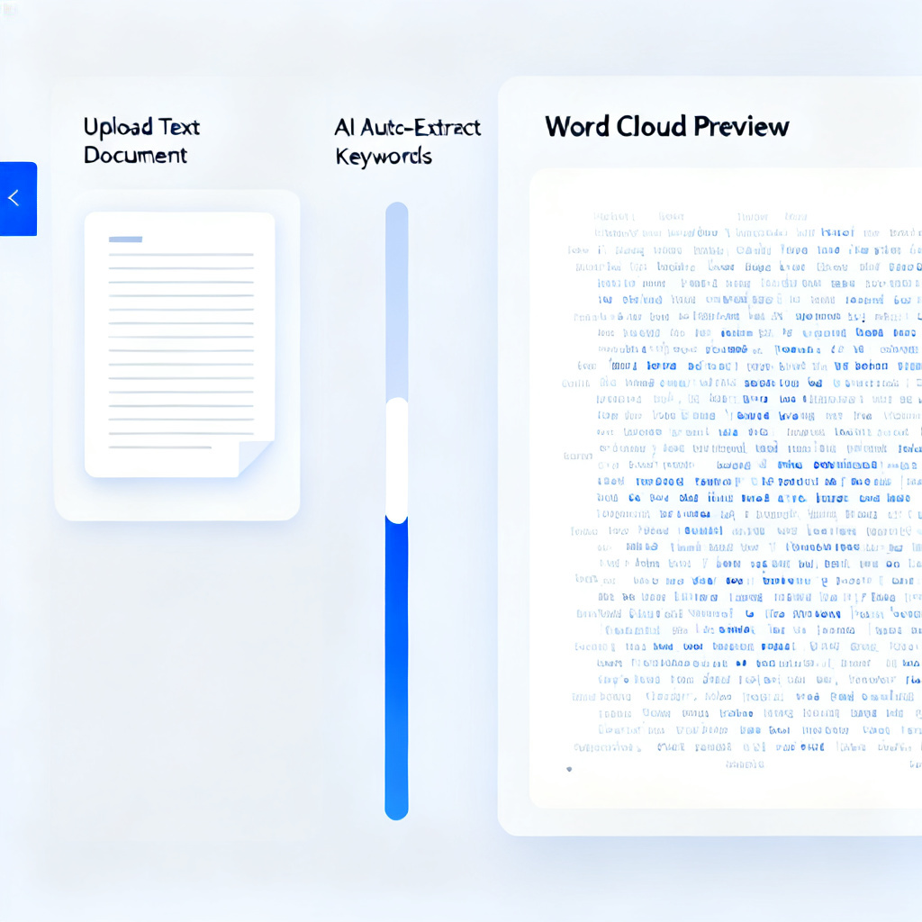 User interface of a word cloud tool showing AI auto-extraction of keywords from a text document, clean modern design