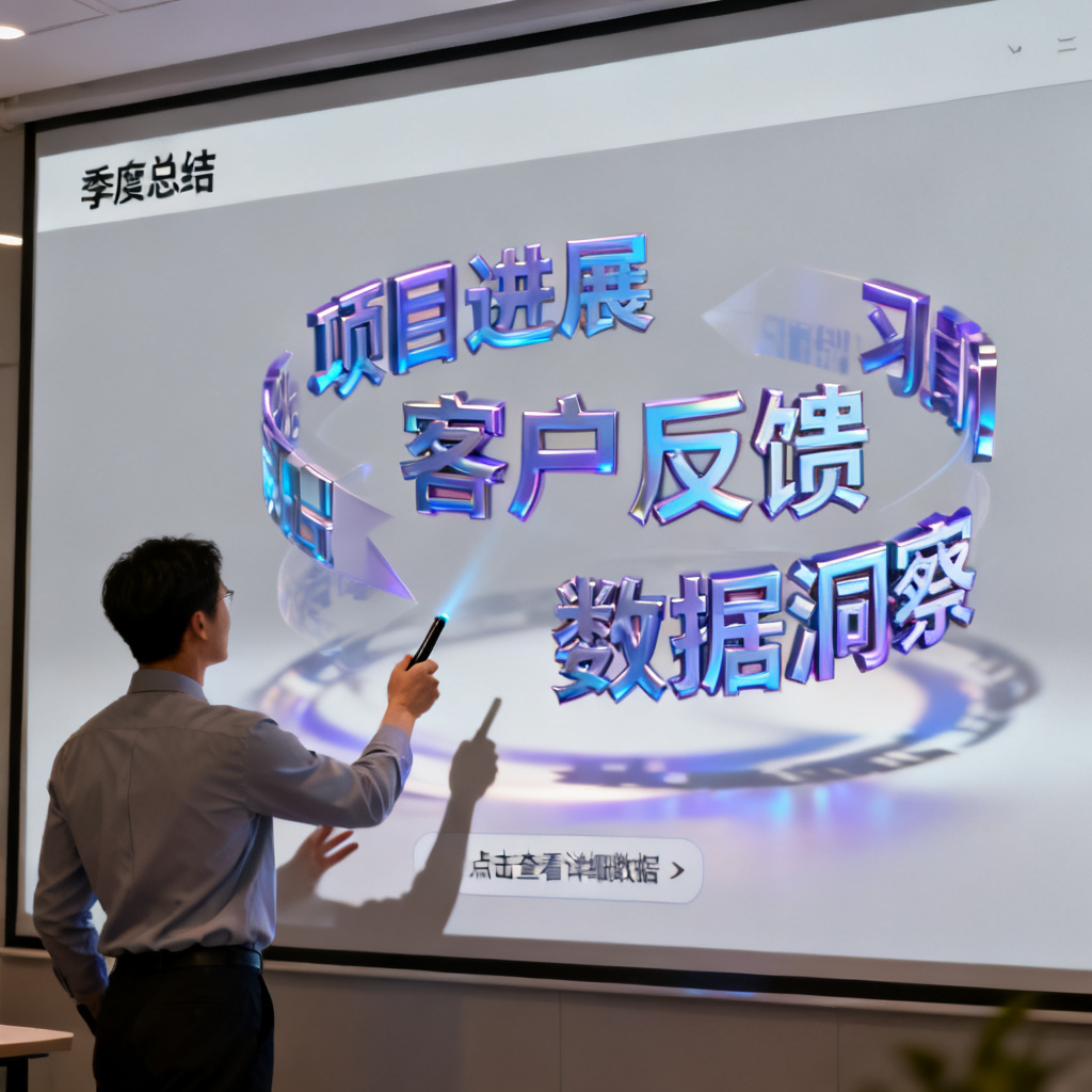 一位职场白领在PPT中嵌入3D文字云进行演示的场景，强调互动性
