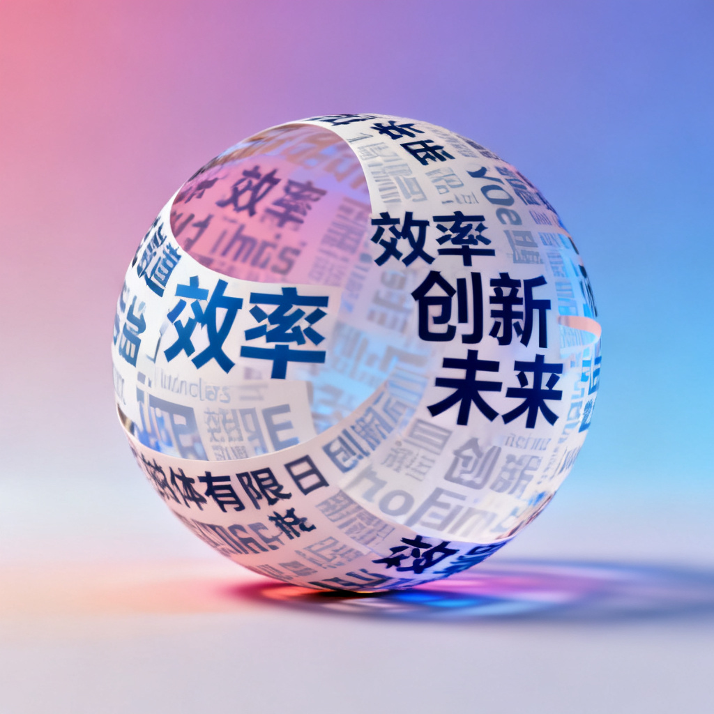 一张动态GIF,展示一个由文字构成的球体从平面展开为3D,然后开始旋转,文字包含“效率”、“创新”、“未来”等,背景为渐变色,动画流畅