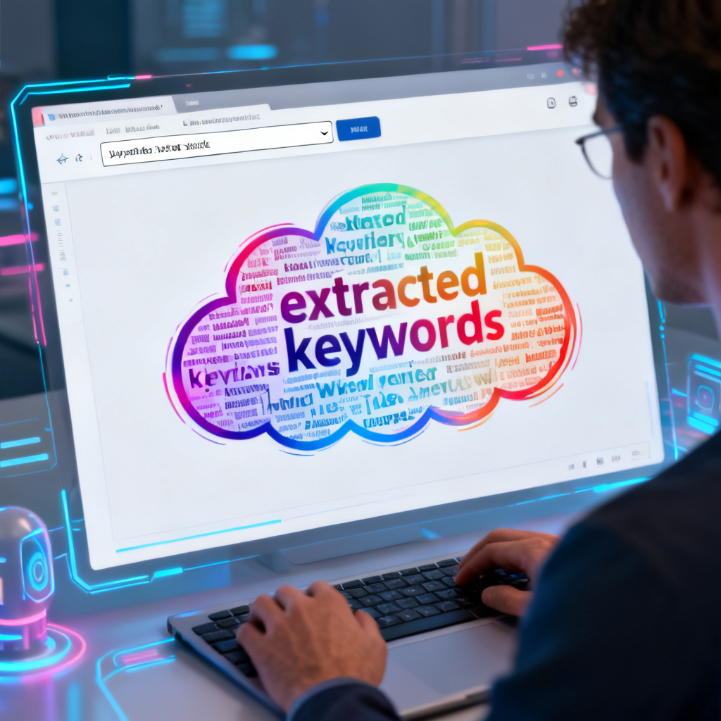 A user pasting text into a web interface, and an AI-powered word cloud tool automatically extracts keywords, displaying them in a beautifully arranged cloud shape with dynamic color gradients.