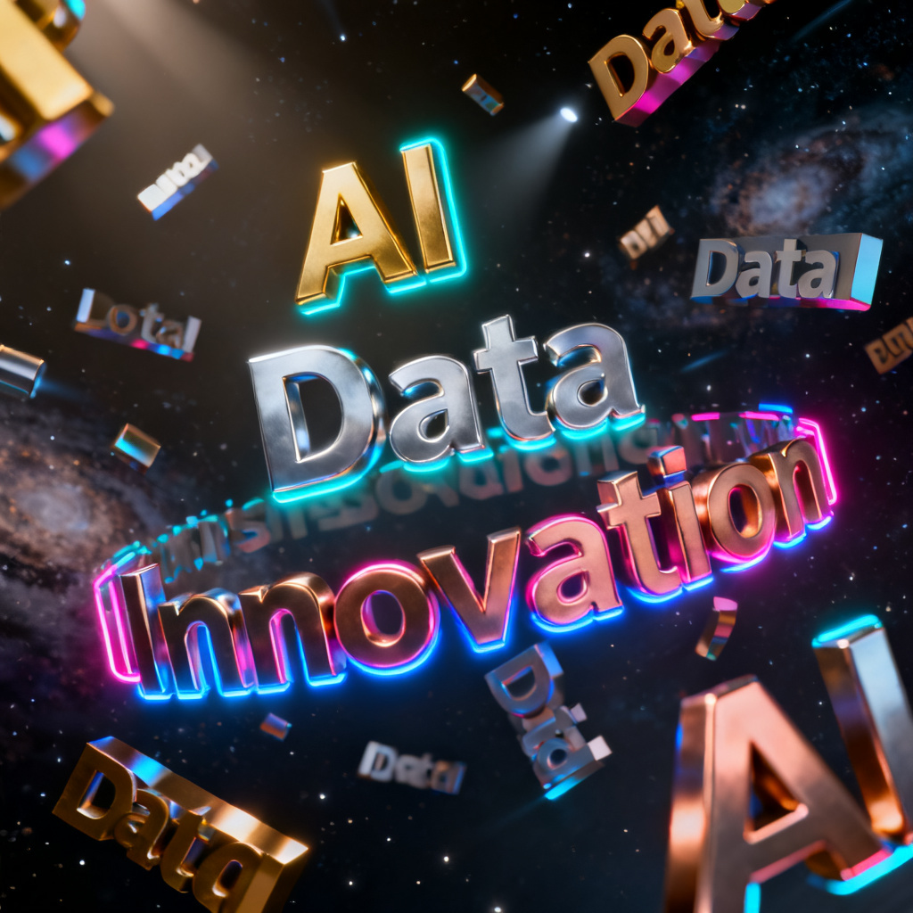 A dynamic 3D word cloud rotating in space, with text labels like 'AI', 'Data', 'Innovation' rendered in metallic gradients, glowing with neon edges.