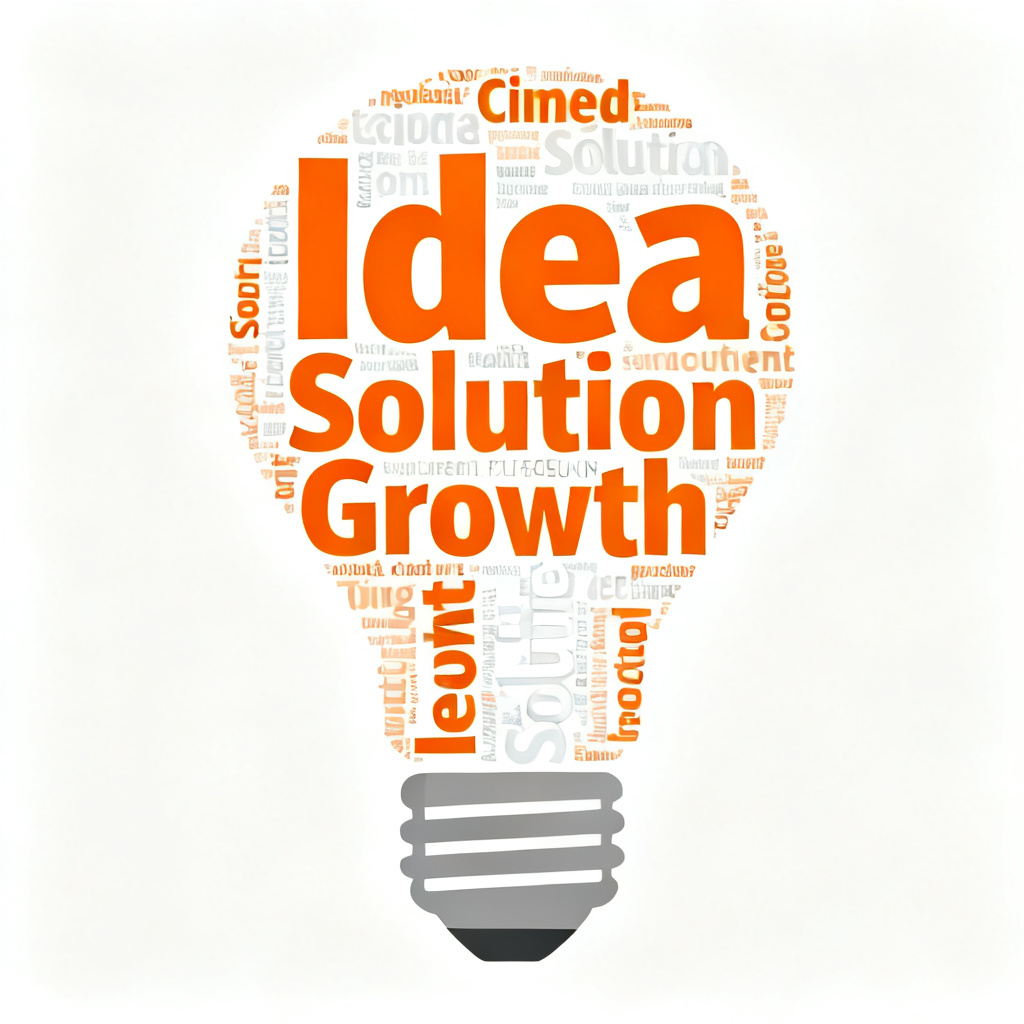 A high-resolution PNG word cloud in the shape of a lightbulb, with keywords "Idea", "Solution", and "Growth" in orange and white colors.