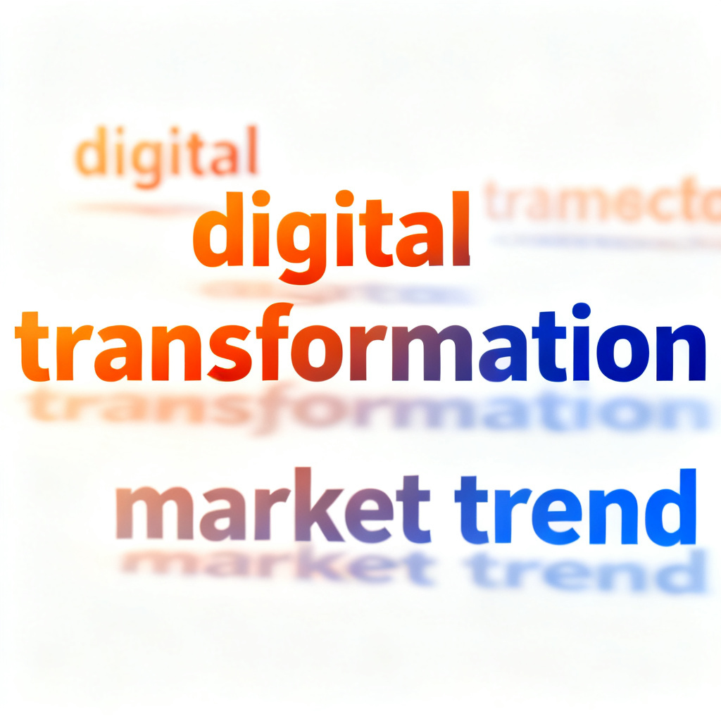 A dynamic word cloud video screenshot showing words like "digital transformation" and "market trend" floating and fading in sequence, with a warm orange-to-blue gradient color palette, overlaid on a clean white background with subtle shadow effects.