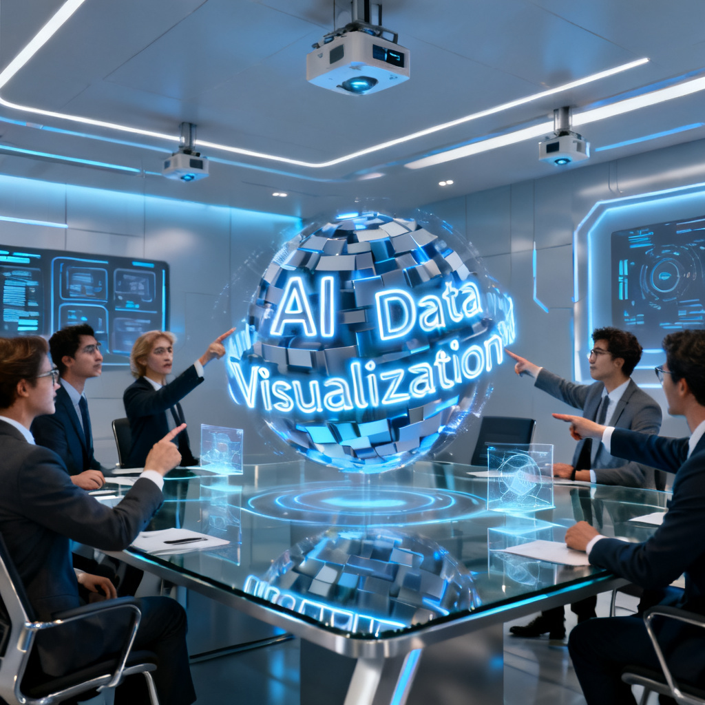 A futuristic conference room with a 3D word cloud floating in the center, displaying keywords like "AI," "Data," and "Visualization" in a dynamic, rotating animation. The room is filled with professionals pointing at the screen.