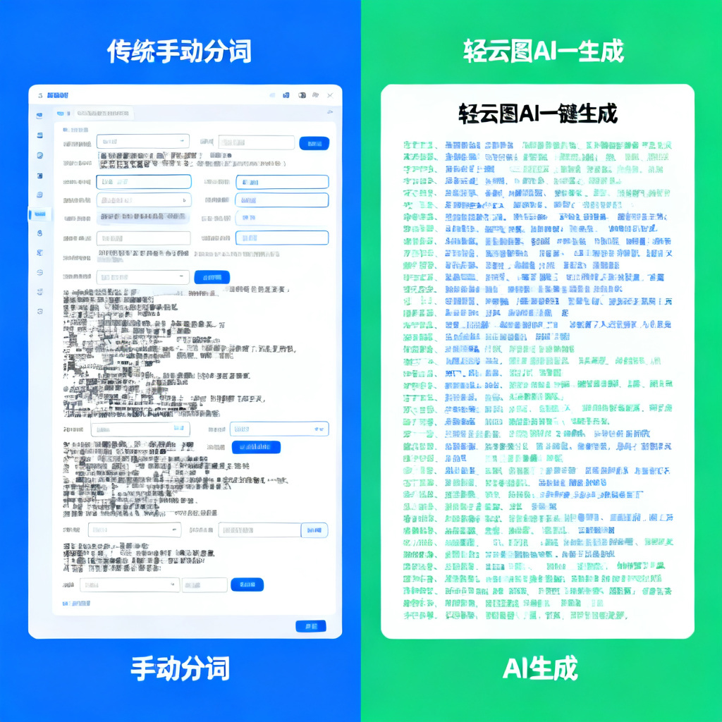 一张对比图，左侧是传统手动分词界面（杂乱无章），右侧是轻云图AI一键生成的整洁文字云，强调效率差异。