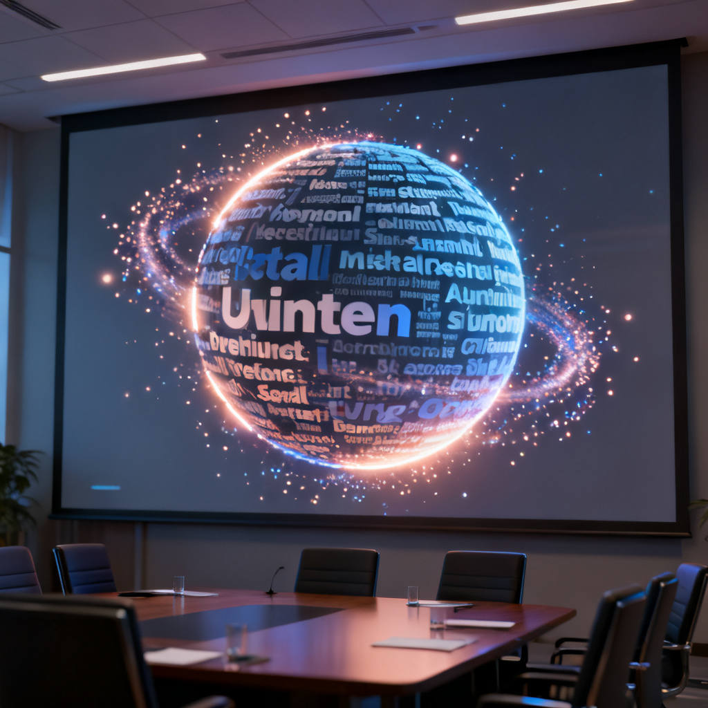 A 3D word cloud with keywords arranged in a spherical shape, rotating smoothly with particle effects and glowing edges, displayed on a large screen in a conference room.