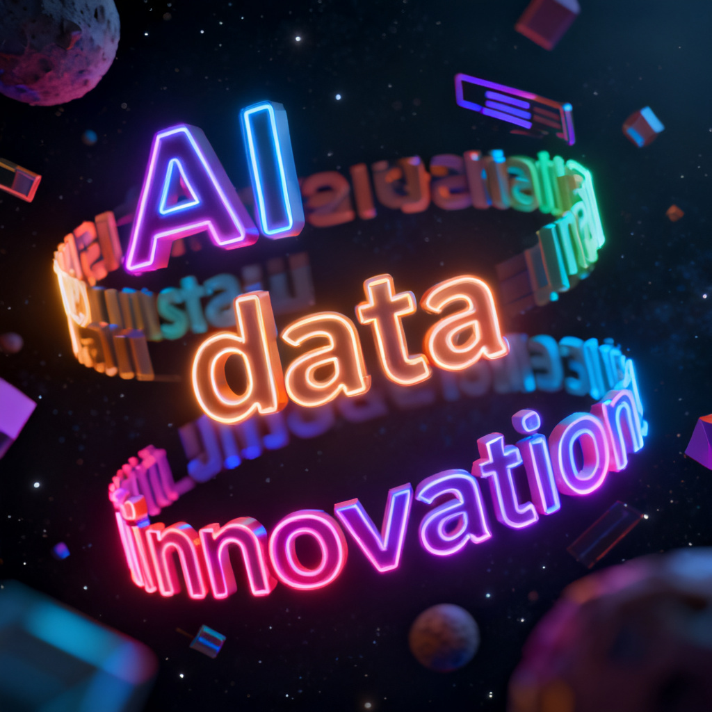 A 3D word cloud with rotating animation, keywords like "AI", "data", "innovation" in glowing neon colors, floating in a dark space background, realistic lighting and shadows