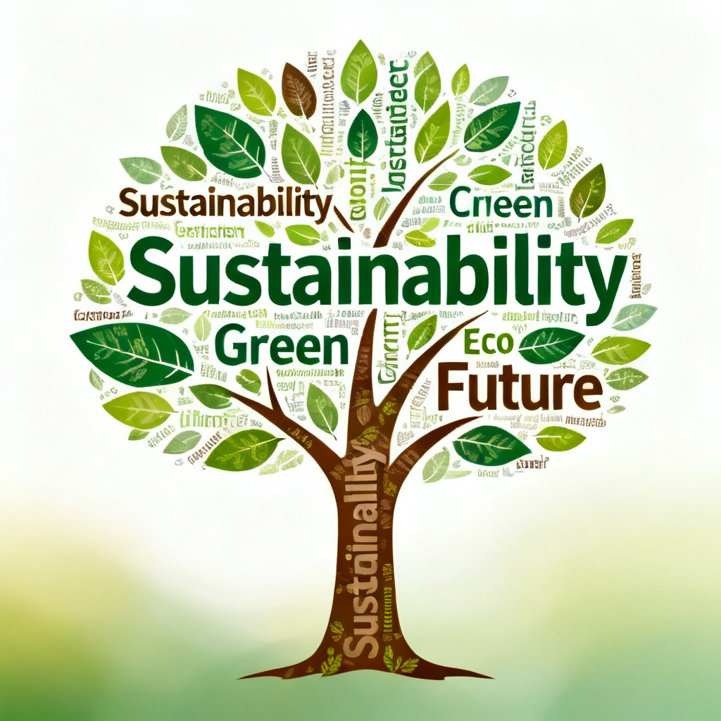 A custom-shaped word cloud in the form of a tree, generated by Qingyuntu, with leaves made of keywords like "Sustainability", "Green", "Eco", "Future", rendered in natural green and brown tones, with a soft gradient background